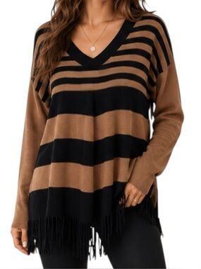 Jamison Fringe Hem Stripe Angora Cashmere Sweater Tan Black Size S